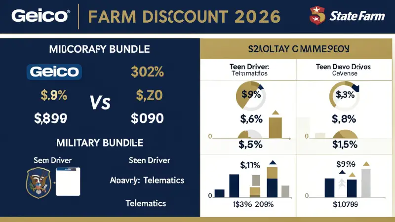 Geico vs State Farm discount comparison 2026 — military bundle teen driver telematics infographic