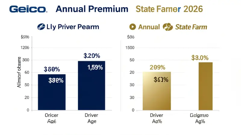 Geico vs State Farm annual premium comparison 2026 by driver age — bar chart