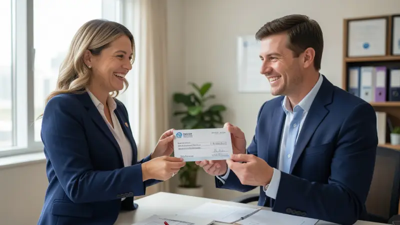 Happy client receiving settlement check