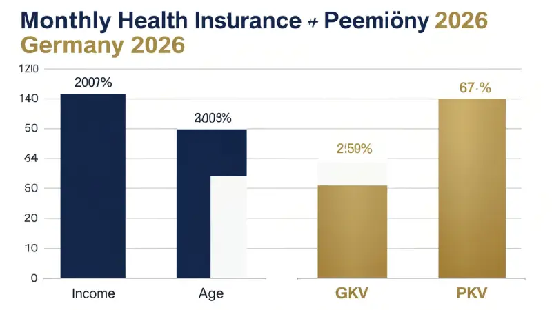 Monthly health insurance premiums Germany 2026 — GKV vs PKV by income and age bar chart