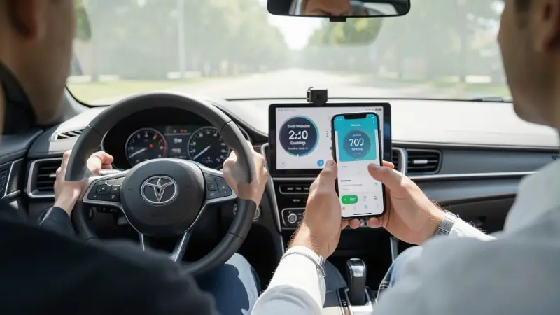 Inside a modern vehicle with a smartphone mounted on the dashboard running a telematics insurance tracking app