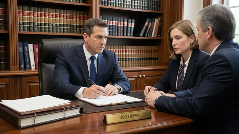 Lawyer consulting a client in an office with legal documents