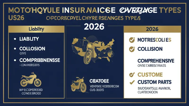Motorcycle insurance coverage types USA 2026 — liability collision comprehensive custom parts infographic