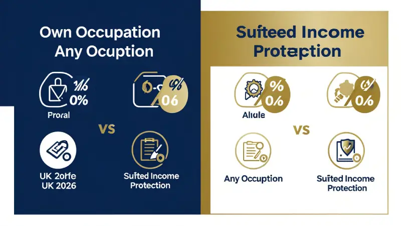 Own occupation vs any occupation vs suited income protection UK 2026 — comparison infographic