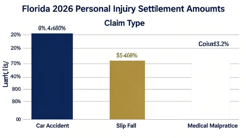 Personal injury settlement amounts Florida 2026 by claim type — bar chart car accident slip fall medical malpractice