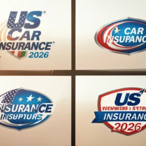 Four major US car insurance logos concept comparison 2026, driver choosing between insurers