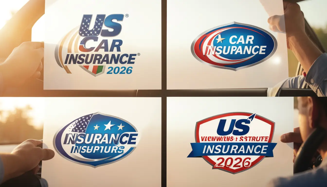 Four major US car insurance logos concept comparison 2026, driver choosing between insurers
