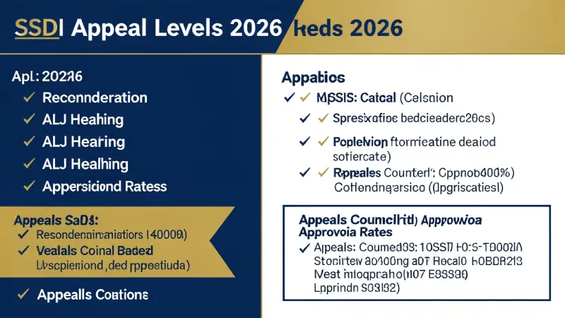 SSDI appeal levels 2026 — reconsideration ALJ hearing appeals council approval rates infographic