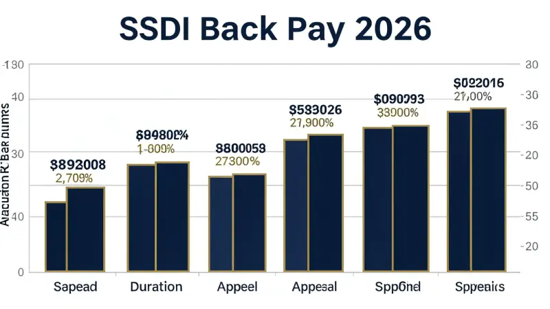 SSDI back pay amounts 2026 by appeal duration — bar chart