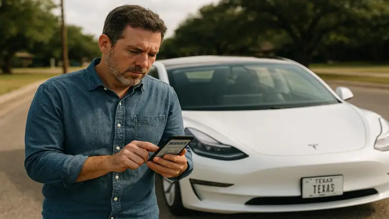 Tesla owner in Texas reviewing car insurance quote on smartphone beside parked Tesla Model 3