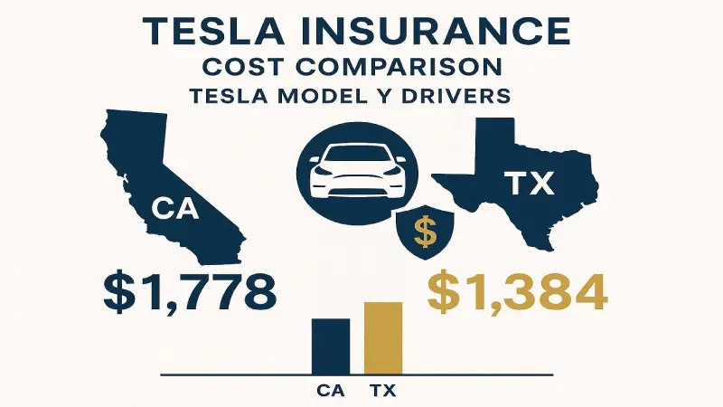Modern infographic comparing Tesla insurance costs between California and Texas for Tesla Model Y drivers