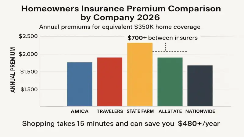 Homeowners insurance premium comparison by company 2026 — Amica Travelers State Farm Allstate Nationwide
Annual premiums for equivalent $350K home coverage vary by $700+ between insurers — shopping takes 15 minutes and can save you $480+/year.