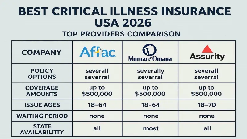 Best critical illness insurance USA 2026 — top providers Aflac Mutual of Omaha Assurity comparison
Critical illness insurance pays a lump-sum cash benefit upon diagnosis of a covered condition — cancer, heart attack, stroke, organ failure. Benefits range from $5,000 to $500,000. Aflac, Mutual of Omaha, and Assurity are the top-rated providers for 2026. Source: Nexuora Research May 2026.