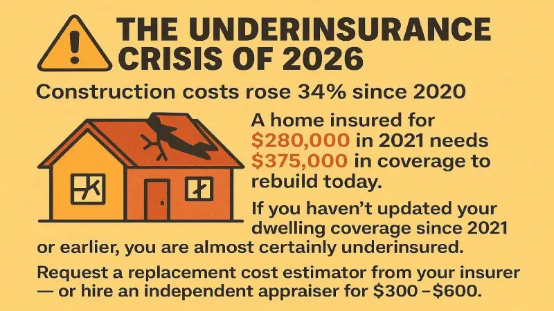 ⚠️ The Underinsurance Crisis of 2026: Construction costs rose 34% since 2020. A home insured for $280,000 in 2021 needs $375,000 in coverage to rebuild today. If you haven't updated your dwelling coverage since 2021 or earlier, you are almost certainly underinsured. Request a replacement cost estimator from your insurer — or hire an independent appraiser for $300–$600.
