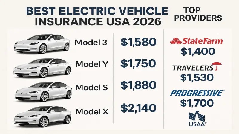 Best electric vehicle insurance USA 2026 — Tesla cost by model, top providers comparison
Tesla insurance averages $4,149/year — 65% above the national average of $2,513. State Farm and Nationwide offer the cheapest rates for most Tesla models. Tesla's own insurance is available in 12 states and uses real-time driving behavior to set rates. Source: Insurance.com, Insurify, MoneyGeek 2026.