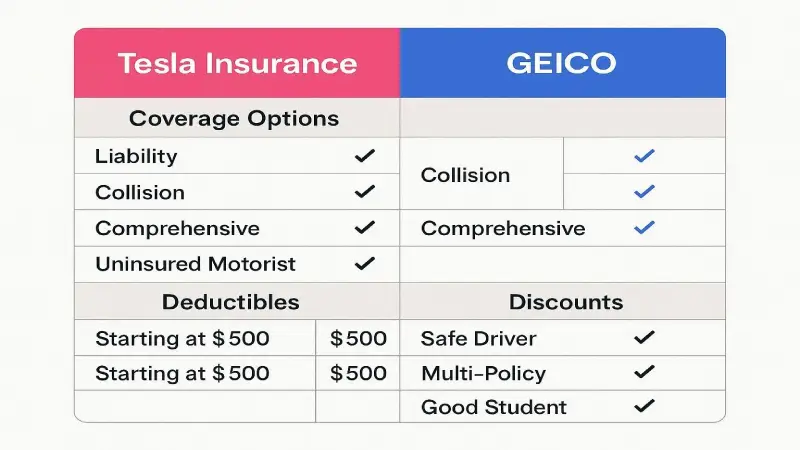 Editorial comparison table showing Tesla Insurance vs GEICO coverage options