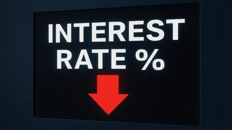 Digital screen showing interest rate percentage arrow pointing down 2026
