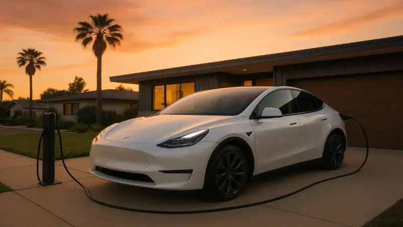 Luxury Tesla Model Y charging in modern California neighborhood during sunset