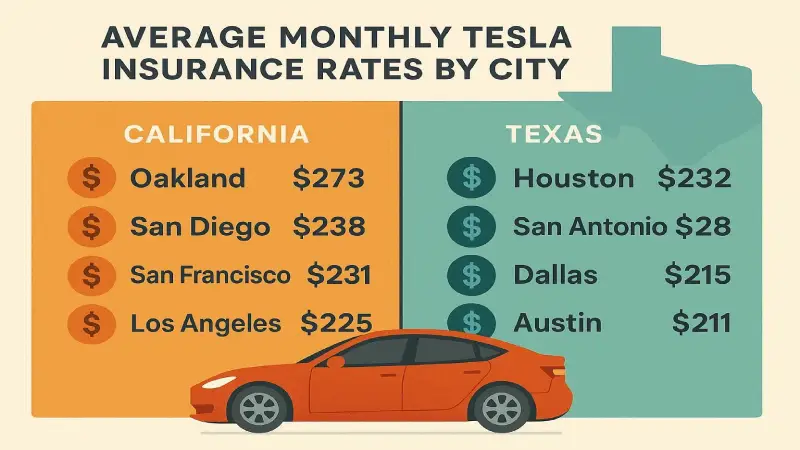 Modern EV insurance dashboard interface comparing Tesla Insurance, GEICO and Progressive premiums in California vs Texas