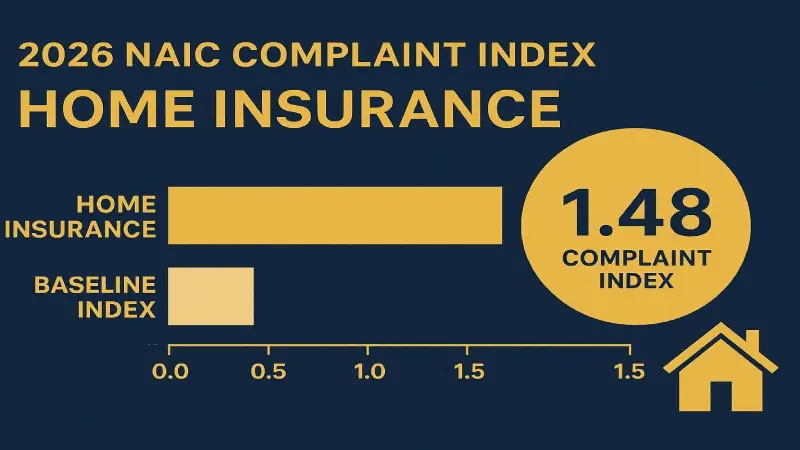 NAIC complaint index home insurance infographic 2026 navy blue gold