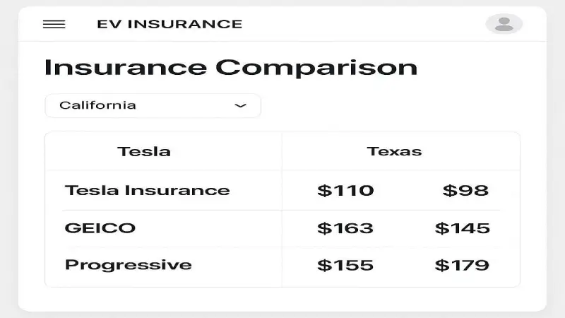 Flat design infographic comparing average monthly Tesla insurance rates by city in California and Texas,