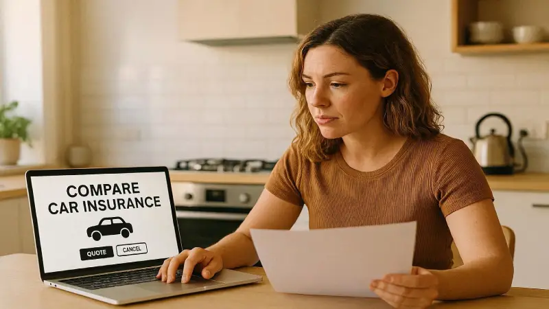 Australian comparing car insurance on laptop using comparison platform 2026 editorial warm
