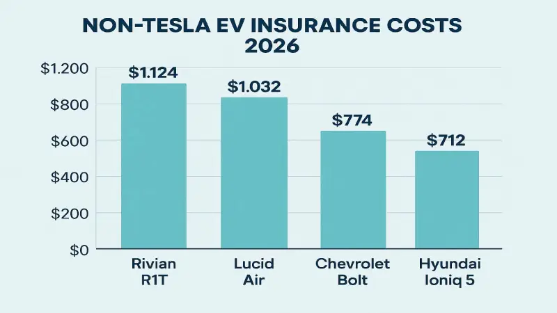Non-Tesla EV insurance costs 2026 — Rivian Lucid Chevy Bolt Hyundai Ioniq
Non-Tesla EVs vary widely in insurance costs. Luxury EVs like Rivian and Lucid carry premiums comparable to or exceeding Tesla. Budget EVs like the Chevy Bolt EV are more affordable to insure. Source: Insurify, MoneyGeek 2026.