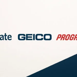 Four major American car insurance logos side by side comparative battle 2026 Allstate GEICO Progressive State Farm
