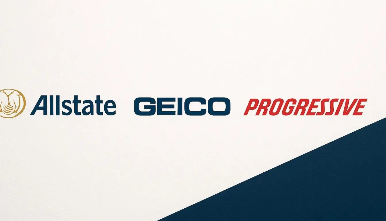 Four major American car insurance logos side by side comparative battle 2026 Allstate GEICO Progressive State Farm