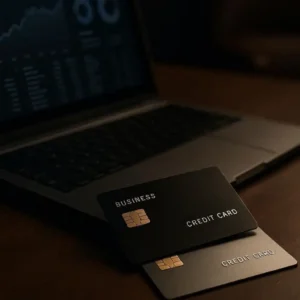 Professional editorial photography, premium black and metallic business credit cards on luxury executive desk beside laptop displaying financial analytics dashboard,