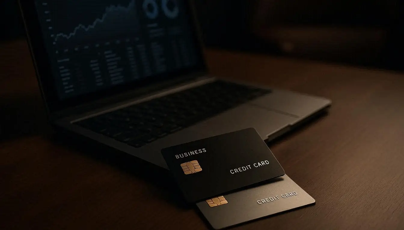 Professional editorial photography, premium black and metallic business credit cards on luxury executive desk beside laptop displaying financial analytics dashboard,