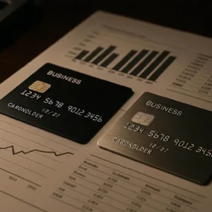 Professional editorial photography, premium black and metallic business credit cards placed beside laptop and financial reports on executive office desk