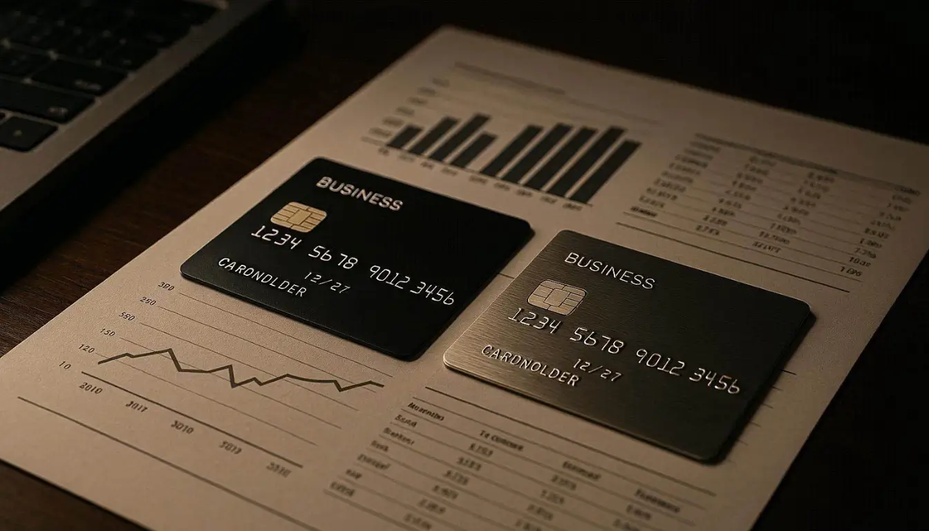 Professional editorial photography, premium black and metallic business credit cards placed beside laptop and financial reports on executive office desk