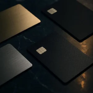 Professional editorial photography, premium luxury credit cards arranged elegantly on a dark navy marble table, subtle gold lighting reflections