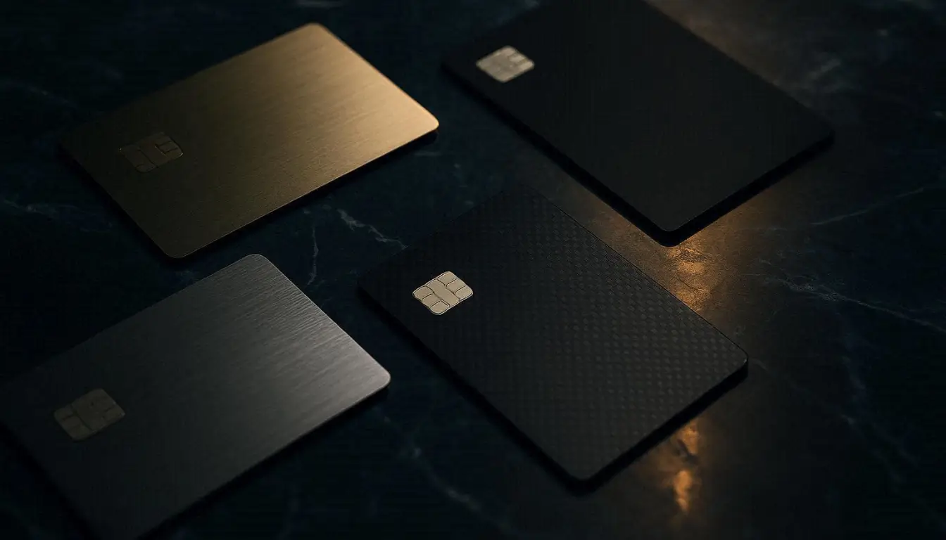 Professional editorial photography, premium luxury credit cards arranged elegantly on a dark navy marble table, subtle gold lighting reflections
