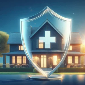 Professional editorial illustration — protective shield over American family home with medical cross symbol