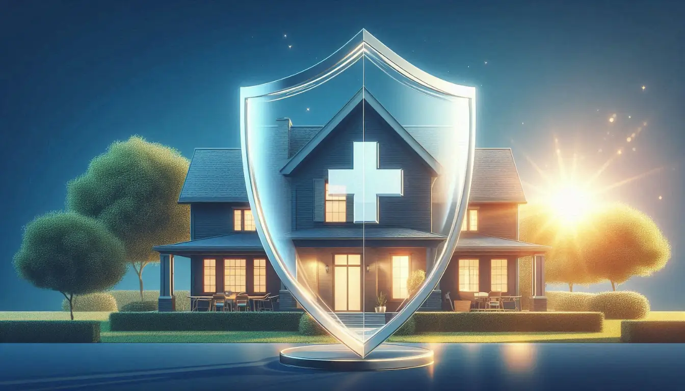 Professional editorial illustration — protective shield over American family home with medical cross symbol