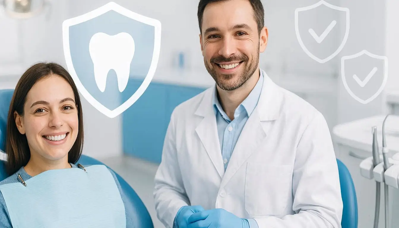 A bright dental clinic with a smiling patient and dentist