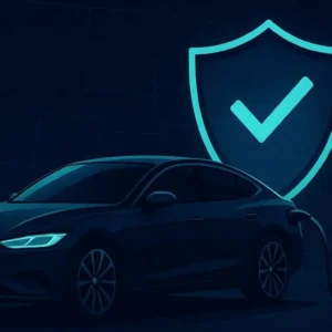 Premium editorial illustration — sleek electric vehicle charging at night, insurance shield overlay