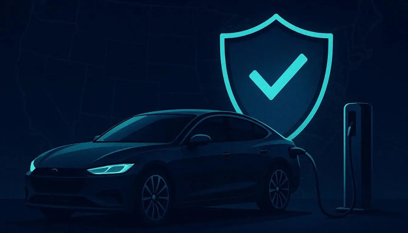 Premium editorial illustration — sleek electric vehicle charging at night, insurance shield overlay