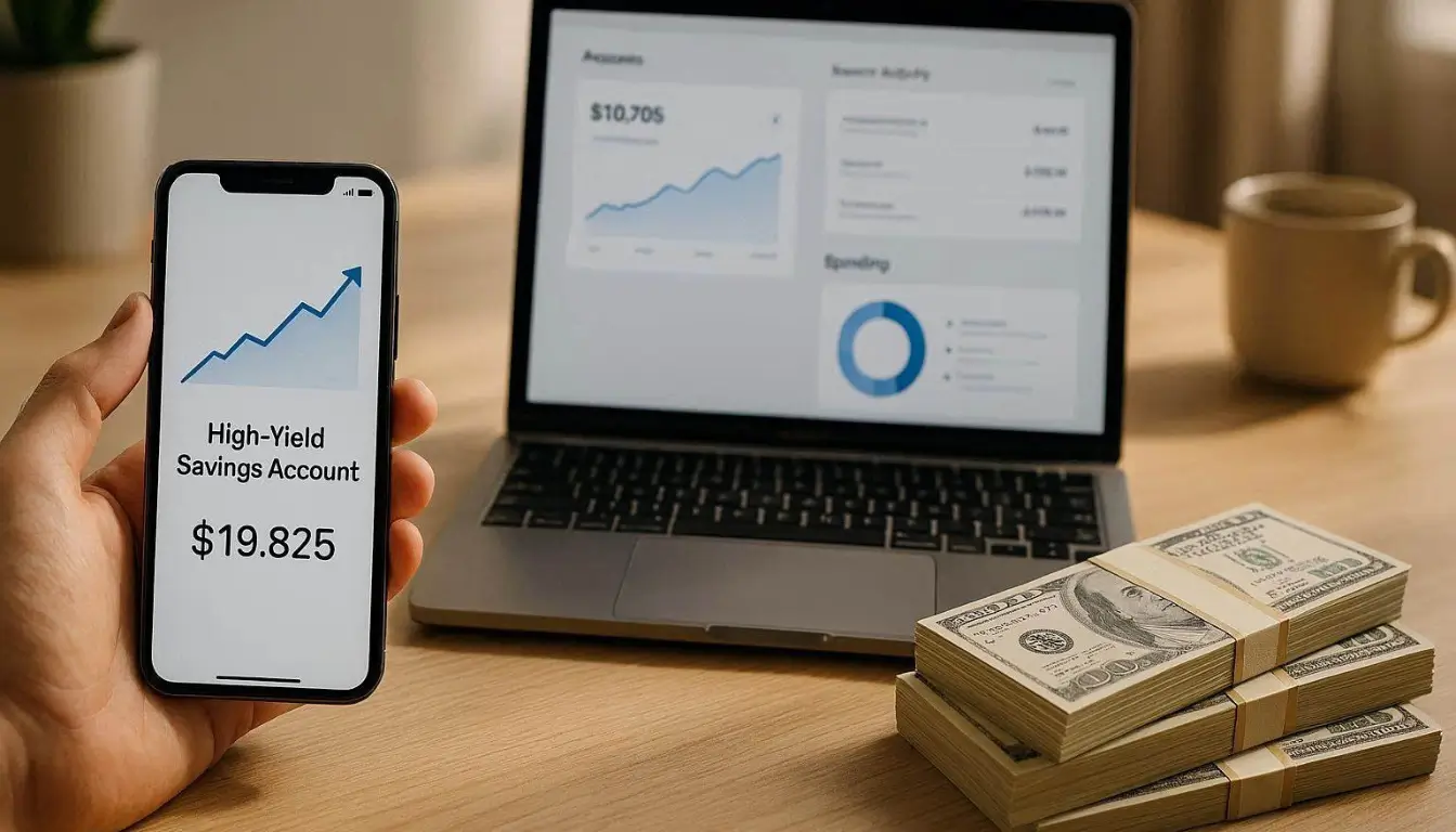 Professional editorial photography, modern luxury workspace with smartphone displaying high-yield savings account growth chart,