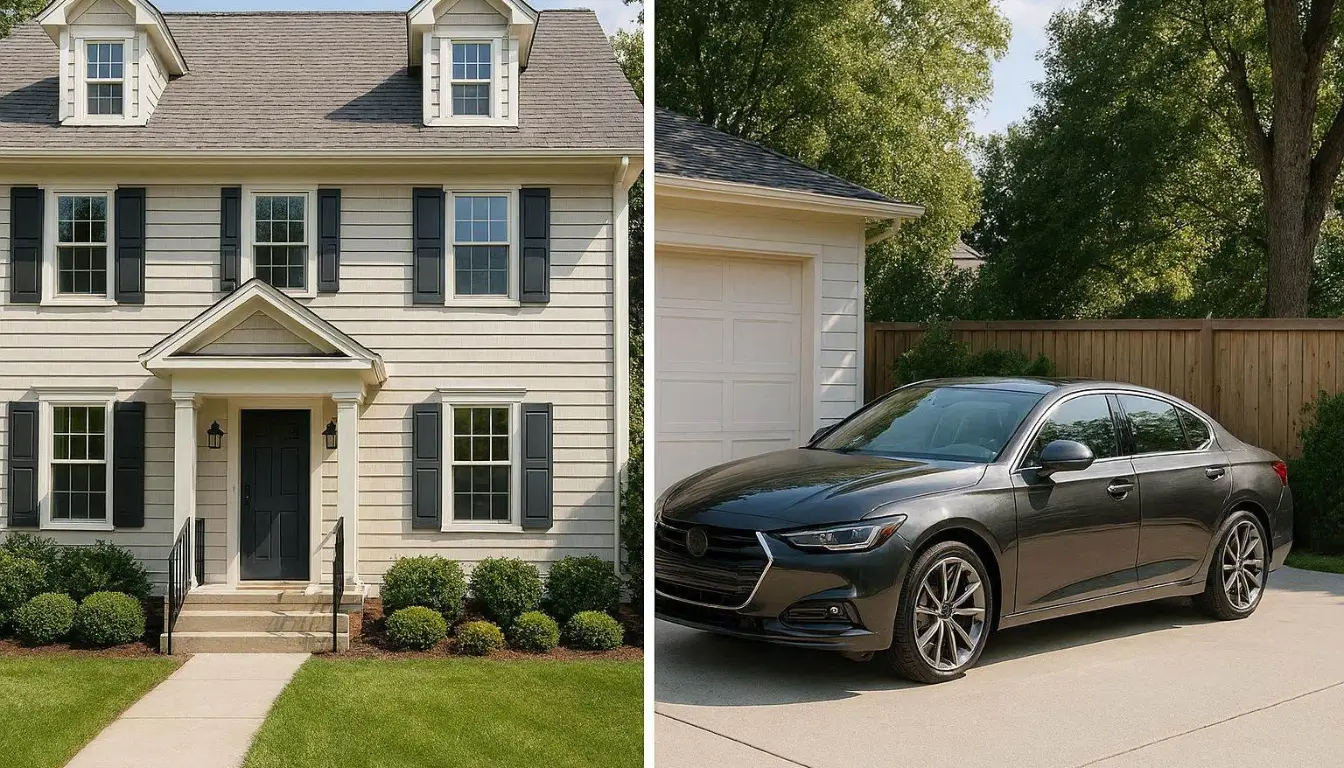 Professional editorial style split-screen composition, left side showing elegant American suburban home exterior