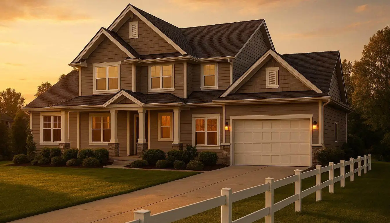 Professional editorial photography, beautiful modern American suburban house exterior during golden hour sunset, luxurious family home with green lawn and white fence