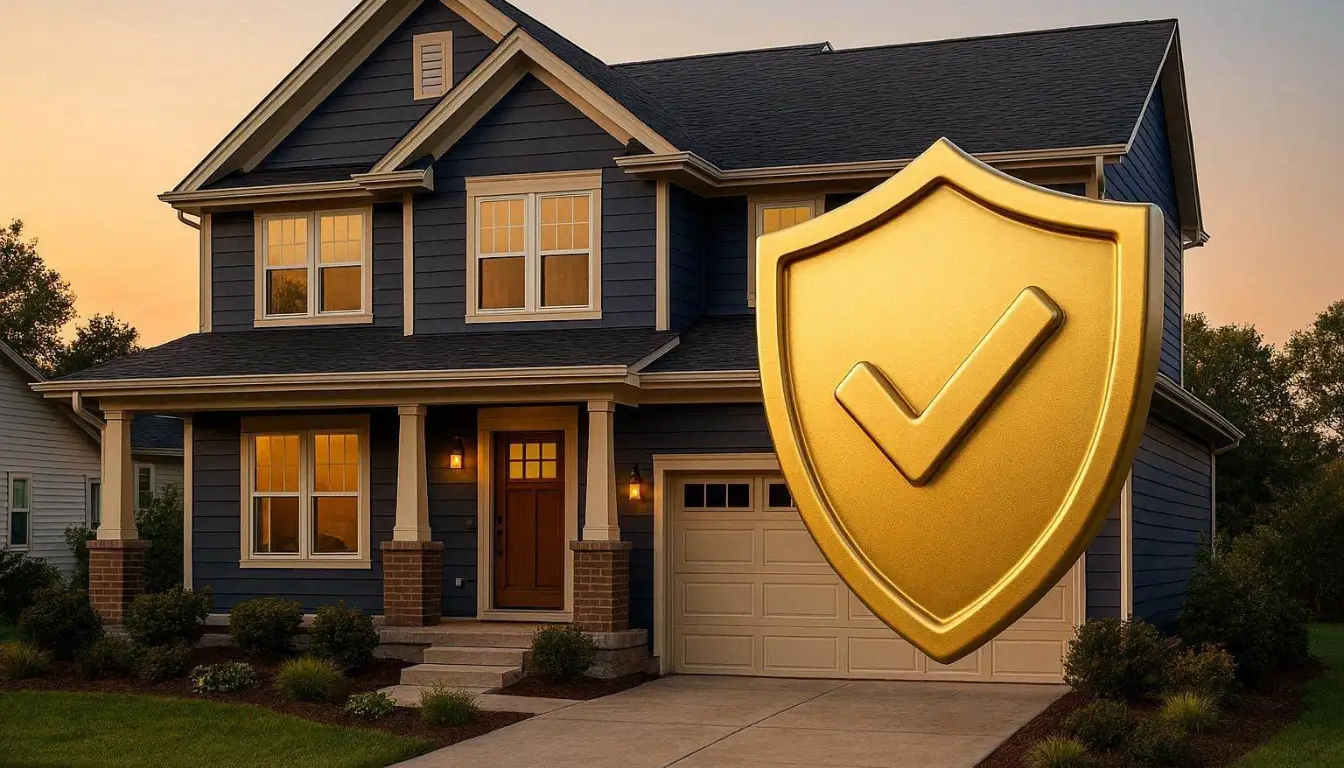 Premium American family home protected by insurance shield 2026 professional editorial