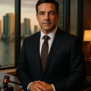 A professional, trustworthy lawyer in a modern high-end office in Miami