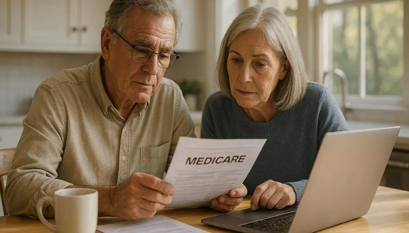Professional editorial photography, ultra realistic, 16:9 wide composition. Elderly American couple in their late 60s sitting at a modern bright kitchen table reviewing Medicare documents together with a laptop and coffee mugs