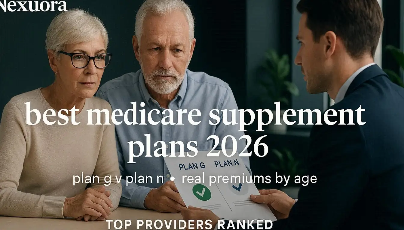 A professional senior couple reviewing Medicare documents with a trusted financial advisor inside a modern healthcare office