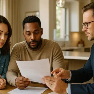 Professional editorial photography, American couple reviewing mortgage refinance documents with financial advisor inside modern bright home