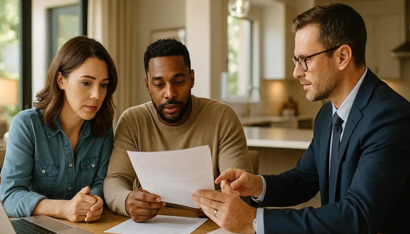 Professional editorial photography, American couple reviewing mortgage refinance documents with financial advisor inside modern bright home