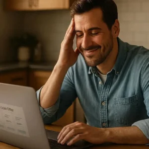 Professional editorial photography, American adult reviewing personal loan offers on laptop at modern kitchen table